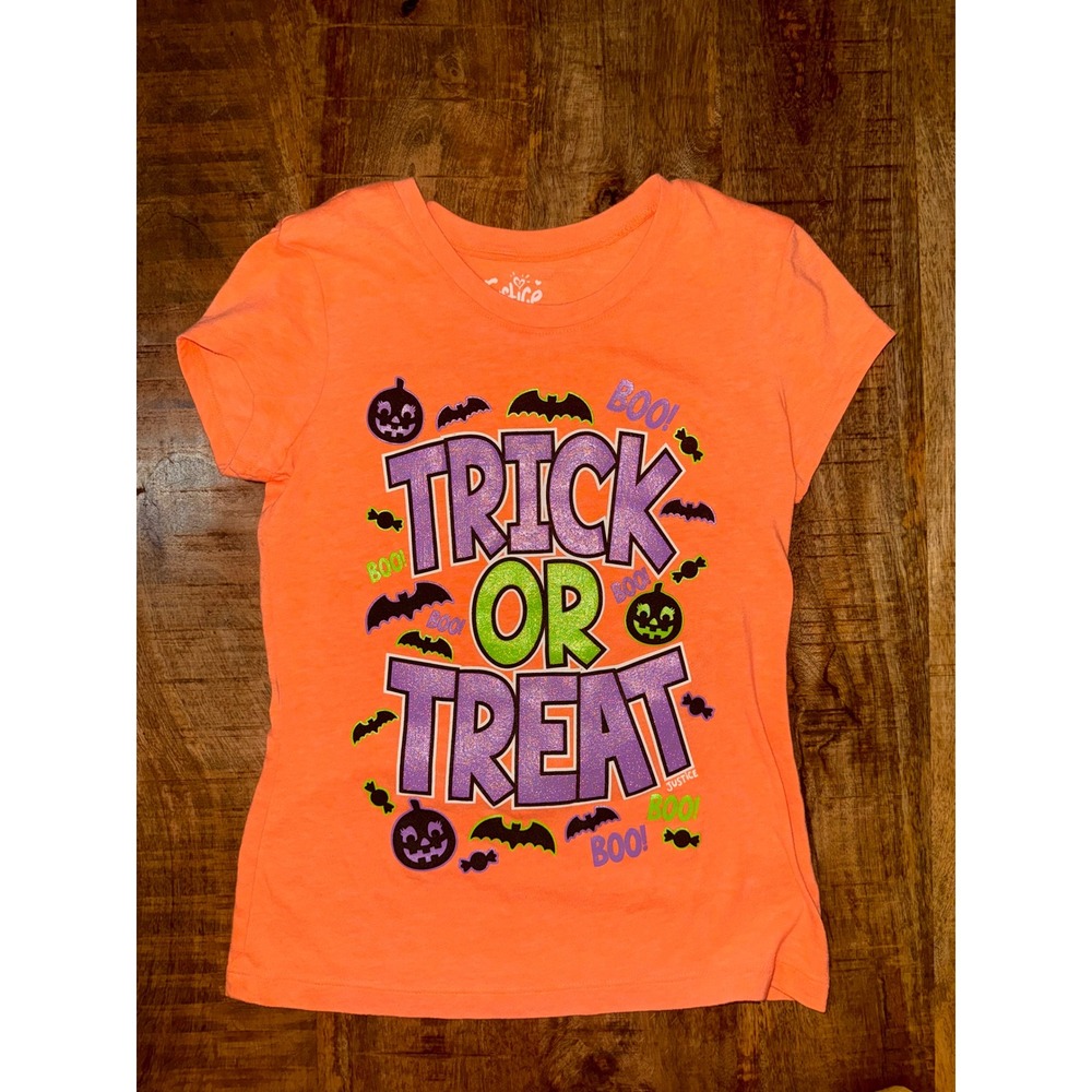 Justice Girls Orange Halloween Trick or Treat Glitter Graphic Tee Shirt Size 8